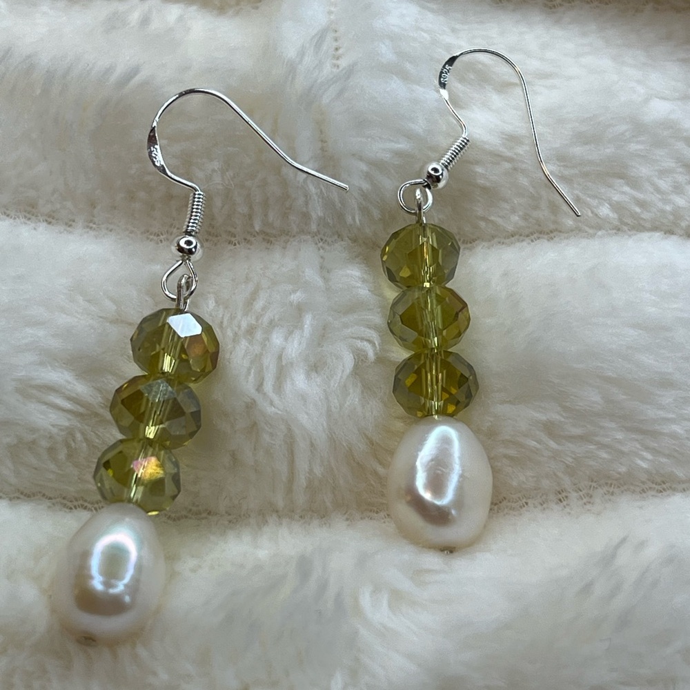 Freshwater Pearl and Green Glass Bead Earrings with 925 Silver Hooks Handmade